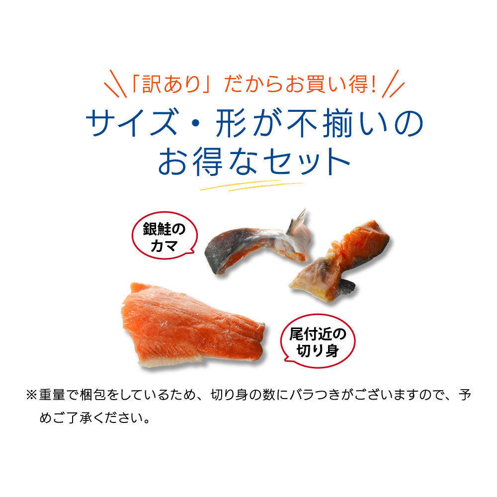 「訳ありだからお買い得!」サイズ・形が不ぞろいのため、お得な南三陸産銀鮭の切り身セット。重量で梱包しているため、切り身の数にはばらつきあり。品質や味は正規品と変わらず、脂のりが良く、身がギュッと締まった美味しい銀鮭をお手頃価格でお届け。
