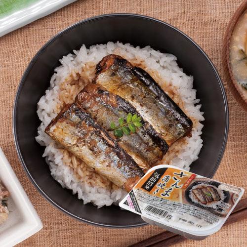 気仙沼発『三陸食堂さんま蒲焼き』。三陸産の新鮮なさんまを香ばしく焼き、甘辛いタレで蒲焼きに仕上げた一品。電子レンジで30秒温めるだけで、ふっくら柔らかい食感と濃厚な旨みを楽しめる。常温保存が可能で、ご飯のお供や酒の肴、非常食やストック食材としても便利なレトルト惣菜。