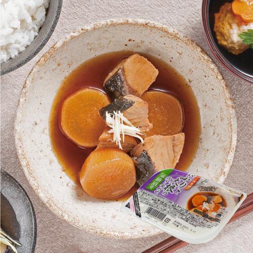 気仙沼発『三陸食堂ぶりと大根の炊き合わせ』。三陸産のぶりと味がしみ込んだ大根を特製だしでじっくり煮込み、ふっくら柔らかく仕上げた一品。電子レンジで30秒温めるだけで、ぶりの旨みと大根の風味が広がる。常温保存が可能で、ご飯のお供や酒の肴、非常食やストック食材としても便利なレトルト惣菜。