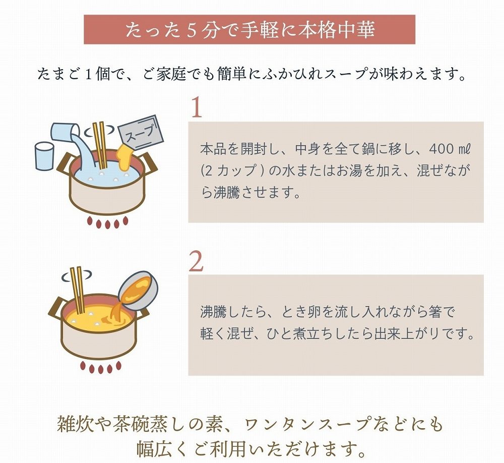 お召し上がり方
1)本品を開封し、中身を全て鍋に移し、400ml(2カップ)の水またはお湯を加え、まぜながら沸騰させます。
2)沸騰したら、溶き卵を流し入れながら軽く混ぜ、ひと煮立ちしたら出来上がりです。
雑炊や茶碗蒸しのもと、ワンタンスープなどにも幅広くご利用頂けます。